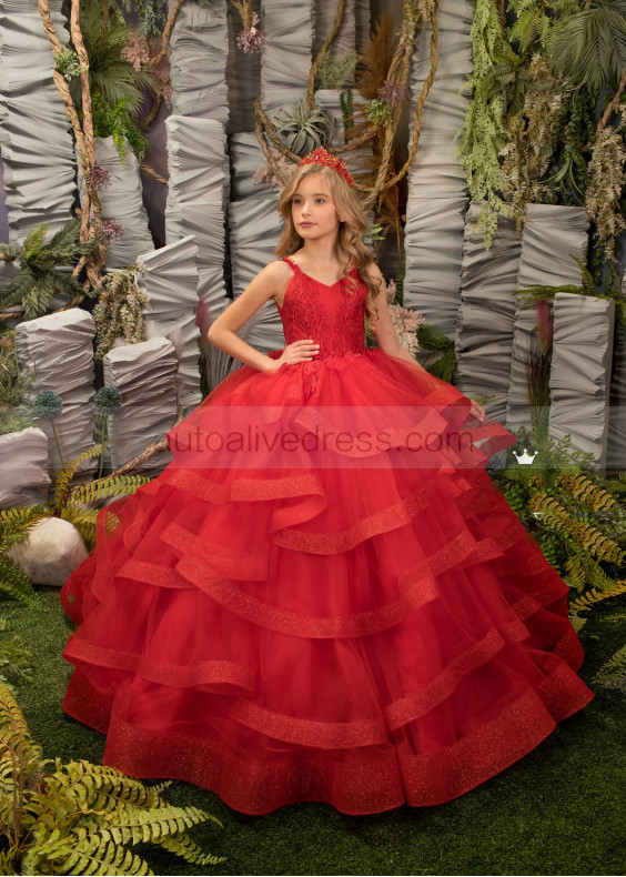 Red Lace Tulle Ruffle Floor Length Flower Girl Dress